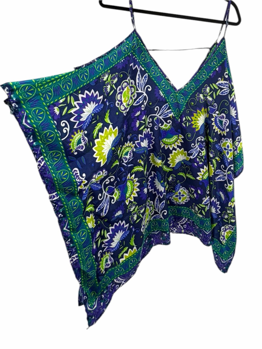 Bijoux Terner Boho Colorful Floral Blue Green Cold Shoulder Poncho Blouse OS